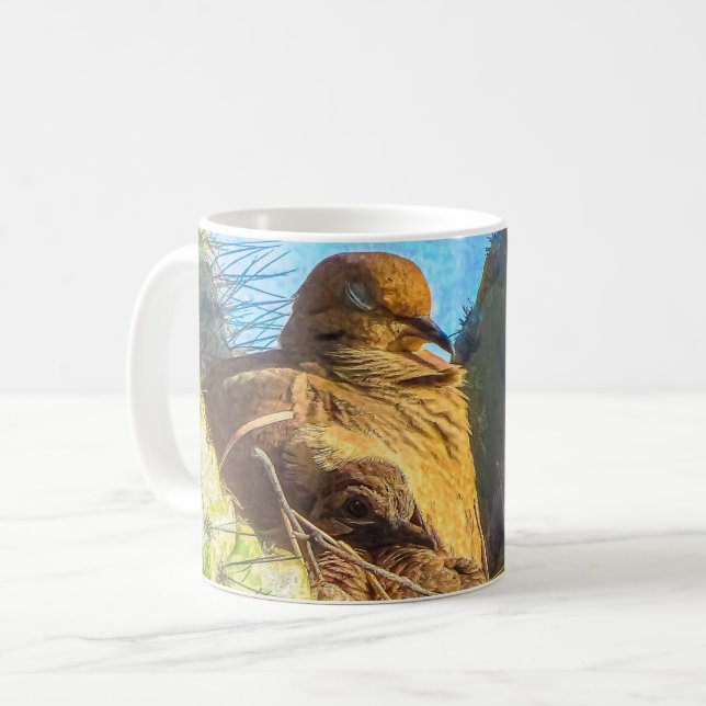 Mourning Dove Female With Baby Saguaro Cactus Nest Coffee Mug (Front Left)