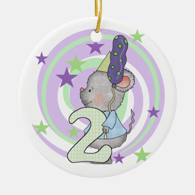 Mouse 2nd Birthday T shirts and Gifts Ceramic Tree Decoration (Front)