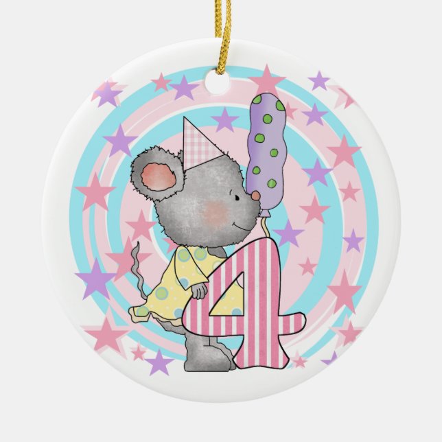 Mouse 4th birthday T-shirts and Gifts Ceramic Tree Decoration (Front)