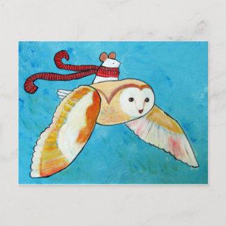 Mouse and Barn Owl Whimsical Artwork Postcard
