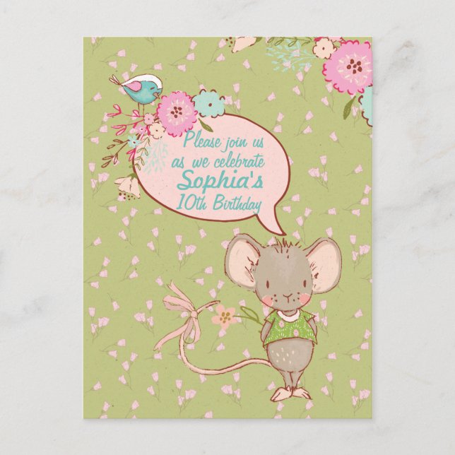 Mouse and Bird Children Birthday Invitation Postcard (Front)