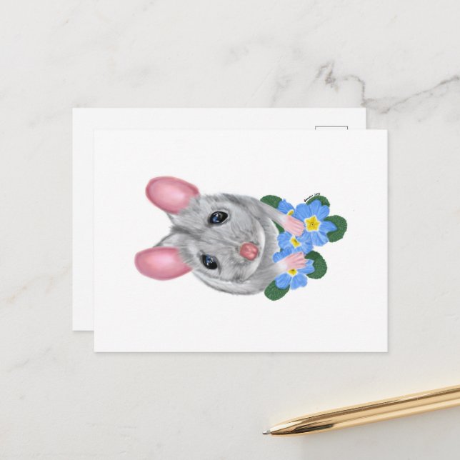 Mouse and Primrose Flowers Postcard Print  (Front/Back In Situ)