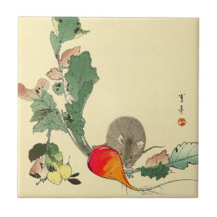 Mouse and Red Radish, Japanese Painting c.1800s Tile