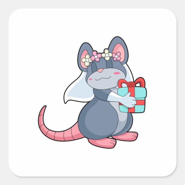 Mouse as Bride with Veil & Gift.PNG Square Sticker (Front)