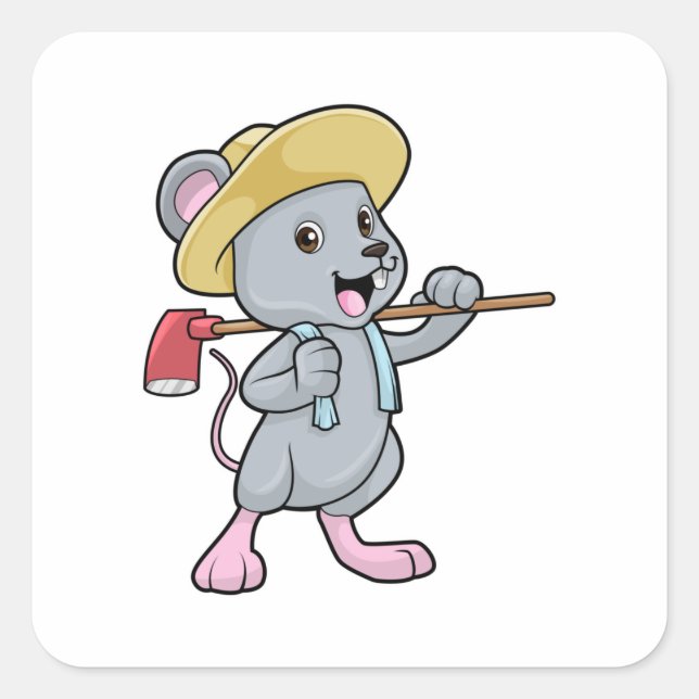 Mouse as Farmer with Axe & Hat Square Sticker (Front)