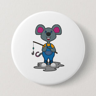 Mouse as Fisher with Fishing rod 7.5 Cm Round Badge