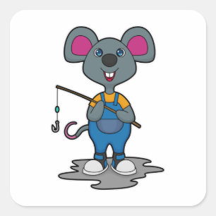 Mouse as Fisher with Fishing rod Square Sticker