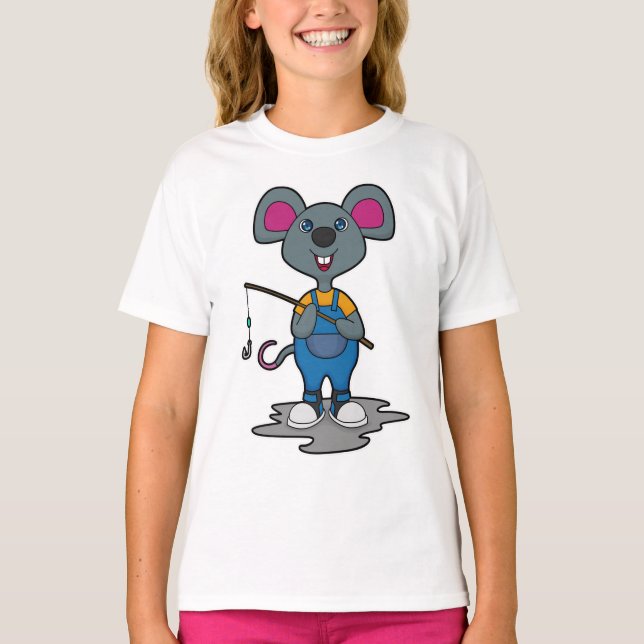 Mouse as Fisher with Fishing rod T-Shirt (Front)