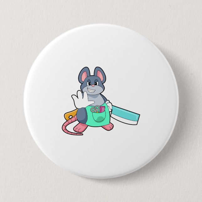 Mouse as Hairdresser with Scissors & Comb 7.5 Cm Round Badge (Front)