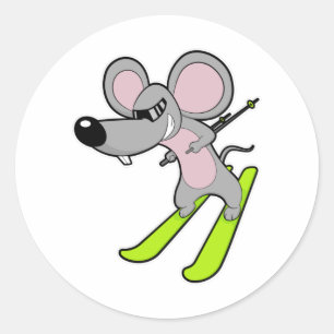 Mouse as Skier with Ski Classic Round Sticker