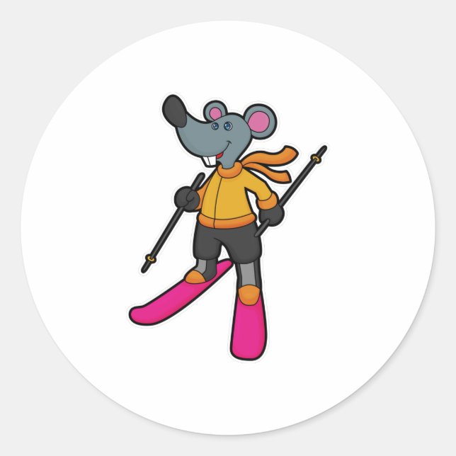 Mouse as Skier with Ski Classic Round Sticker (Front)