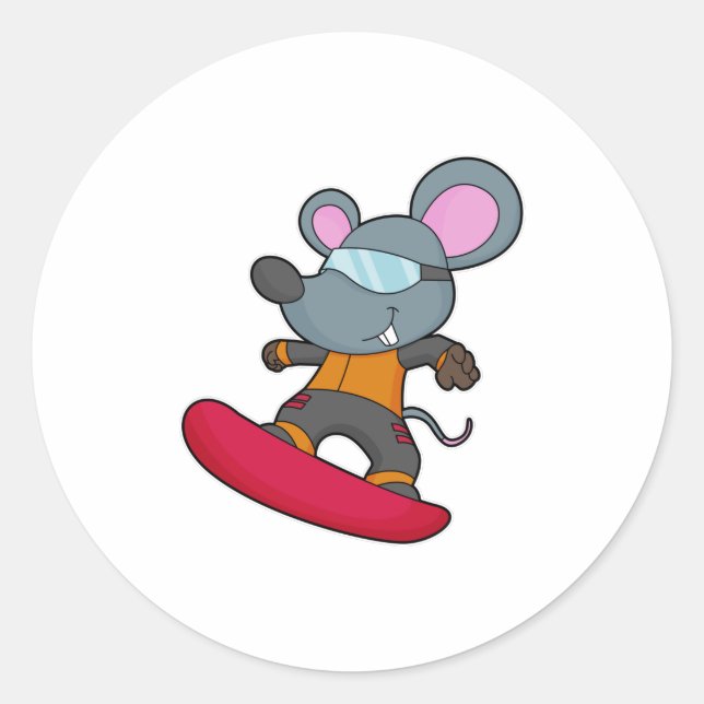 Mouse as Snowboarder with Snowboard Classic Round Sticker (Front)