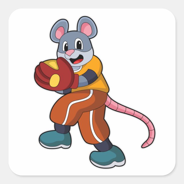 Mouse at Baseball with Baseball glove Square Sticker (Front)