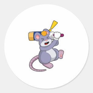 Mouse at Cricket with Cricket bat Classic Round Sticker