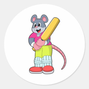 Mouse at Cricket with Cricket bat Classic Round Sticker