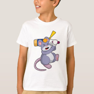 Mouse at Cricket with Cricket bat T-Shirt