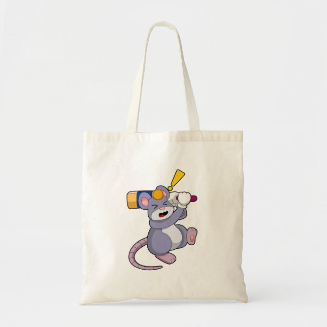 Mouse at Cricket with Cricket bat Tote Bag (Front)