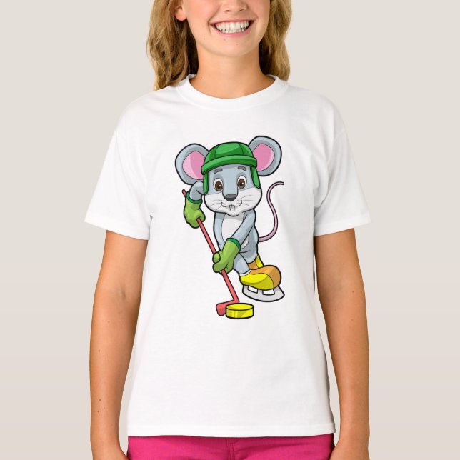 Mouse at Ice hockey with Hockey stick T-Shirt (Front)