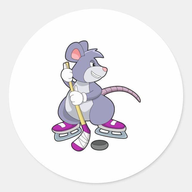 Mouse at Ice hockey with Ice hockey stick Classic Round Sticker (Front)