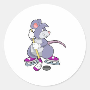 Mouse at Ice hockey with Ice hockey stick Classic Round Sticker
