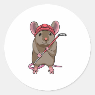 Mouse at Ice hockey with Ice hockey stick Classic Round Sticker