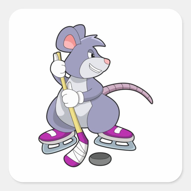 Mouse at Ice hockey with Ice hockey stick Square Sticker (Front)