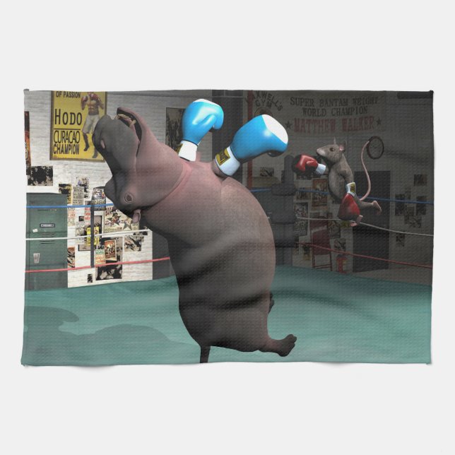 Mouse Beats Hippo KO Tea Towel (Horizontal)