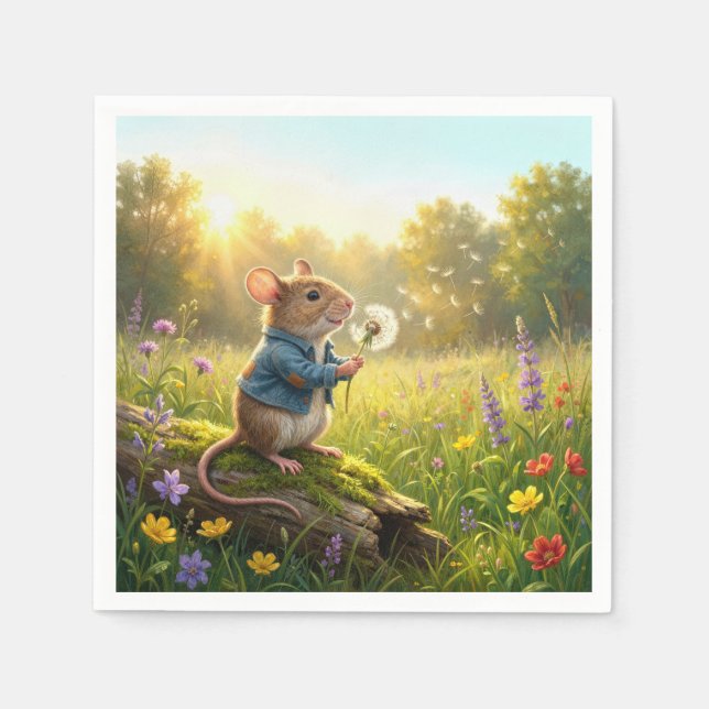 Mouse Blowing Dandelion Seedlings Napkin (Front)
