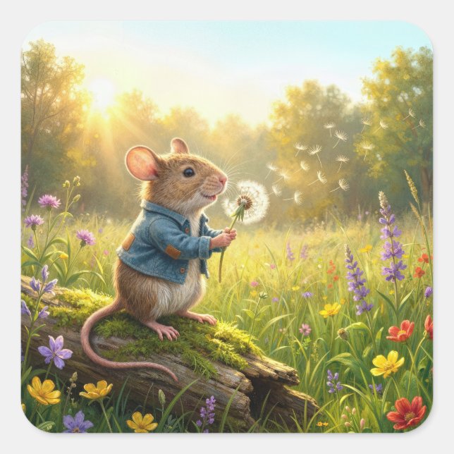 Mouse Blowing Dandelion Seedlings Square Sticker (Front)