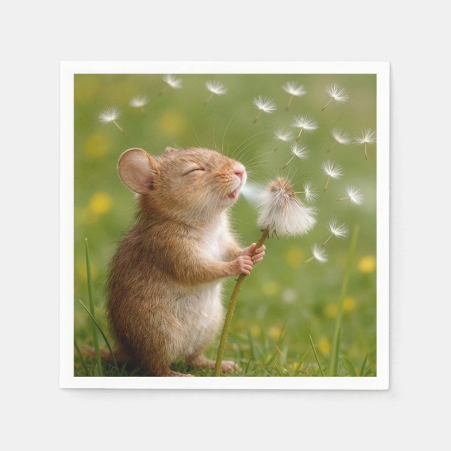 Mouse Blowing Dandelion Seeds Napkin (Front)