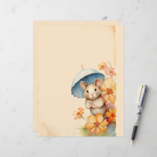 Mouse blue umbrella flowers old paper