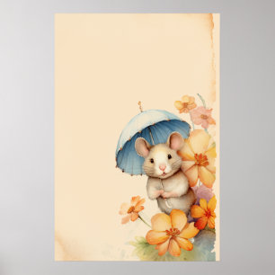 Mouse blue umbrella flowers old paper poster