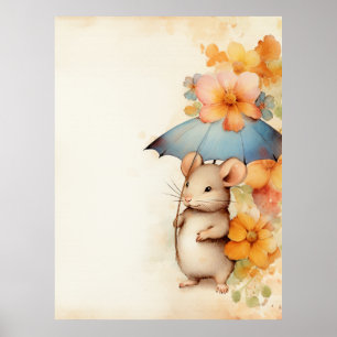 Mouse blue umbrella orange and blue flowers poster