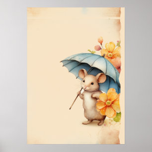 Mouse blue umbrella orange flowers old vintage pap poster