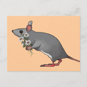 Mouse Bringing Flowers, Daisies: Art Postcard