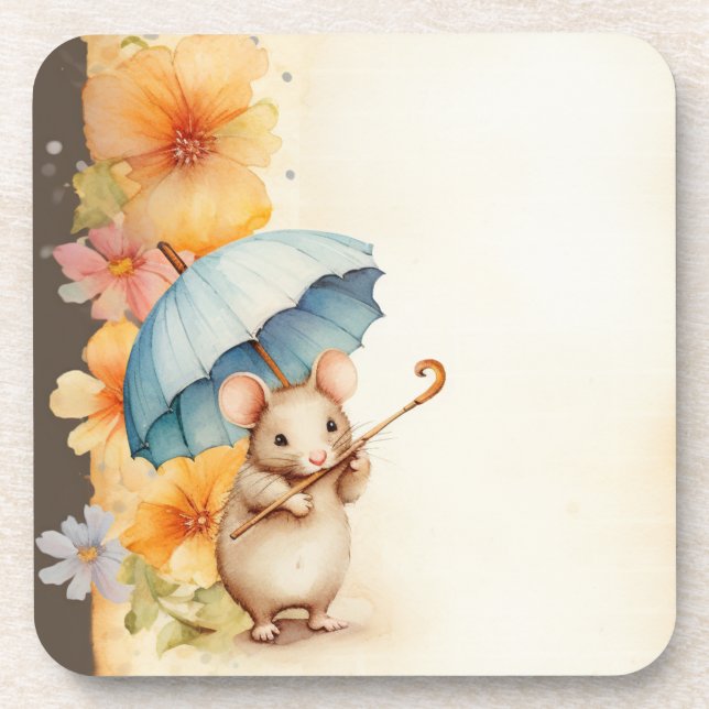Mouse chewing on cane flowers stained paper coaster (Front)