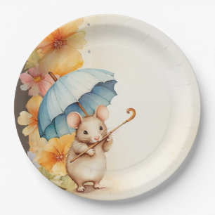Mouse chewing on cane flowers stained paper plate