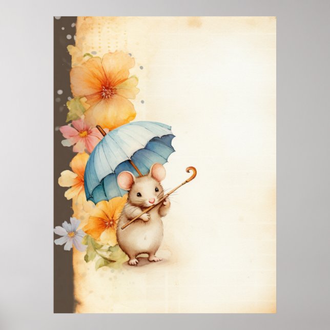 Mouse chewing on cane flowers stained paper poster (Front)