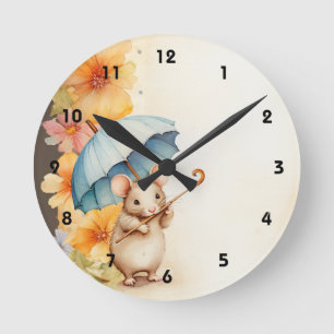 Mouse chewing on cane flowers stained paper round clock