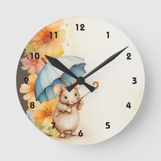 Mouse chewing on cane flowers stained paper round clock (Front)