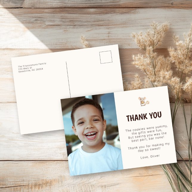 Mouse Cookie Kid Party Photo Thank You Postcard (Sweet Cookie Mouse Theme Kid Birthday Thank You Postcard)