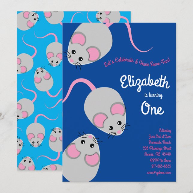 Mouse Cute Mice Kids 1st Birthday Party Invitation (Front/Back)