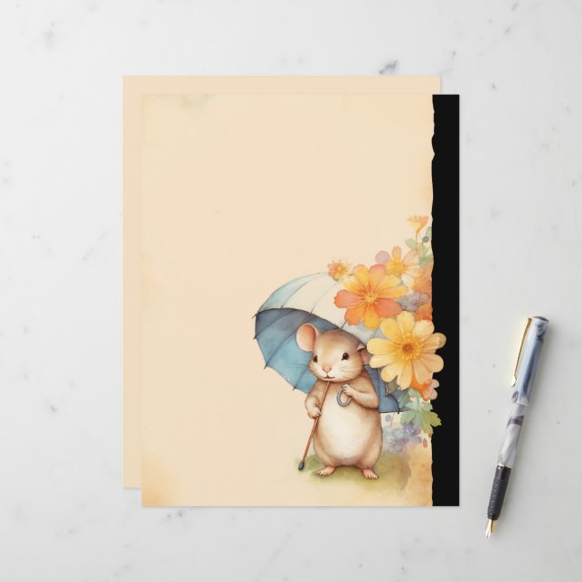 Mouse cute umbrella orange flowers old paper (Front/Back In Situ)