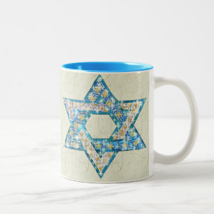 Mouse-Drawn Gem Decorated Star Of David Two-Tone Coffee Mug