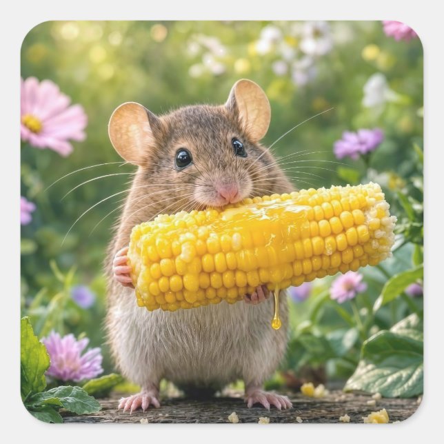Mouse Eating Corn on the Cob Square Sticker (Front)