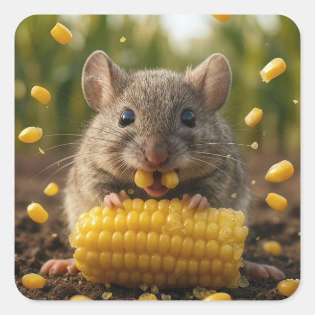 Mouse Enjoying an Ear of Corn Square Sticker (Front)