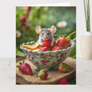 Mouse enjoys a strawberry in a dish of fruit card