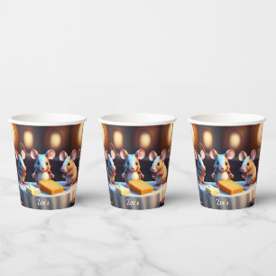 Mouse family - a cute scene at the dinner table  paper cups