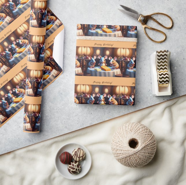 Mouse family at the dining table, cute custom  wrapping paper (Crafts)