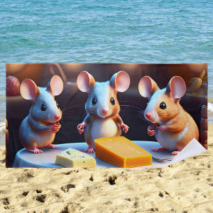 Mouse family at the dining table, fun beach towel